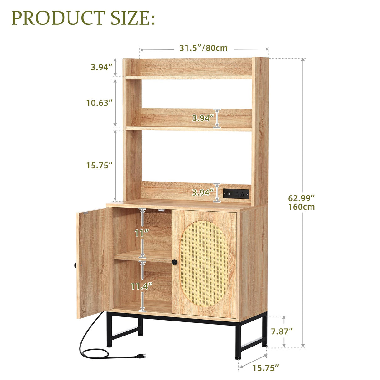 YITAHOME Bakers Rack with Storage and Power Outlet, 5 Tiers Woven Rattan Kitchen Microwave Stand Cabinet, Farmhouse Coffee Bar Station with Hutch Shelves, Oak YITAHOME