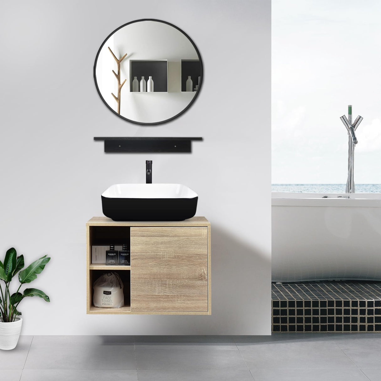 YOURLITE 24" Floating Bathroom Vanity with Sink, Wall-Mounted Bathroom Vanity and Sink Combo with Mirror and Faucet & Pop Up Drain Set,Brown Bowl Glass Sink YOURLITE