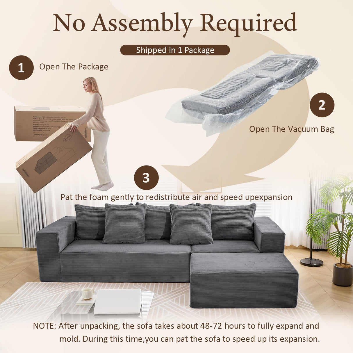 INGEROOM 108" Cloud Sectional Couch with L-Shape Chaise, Modular Sofa Memory Foam, Boneless Sofa with Movable Ottoman, Upholstered Couches for Living Room Bedroom, No Assembly Required, Dark Gray INGEROOM