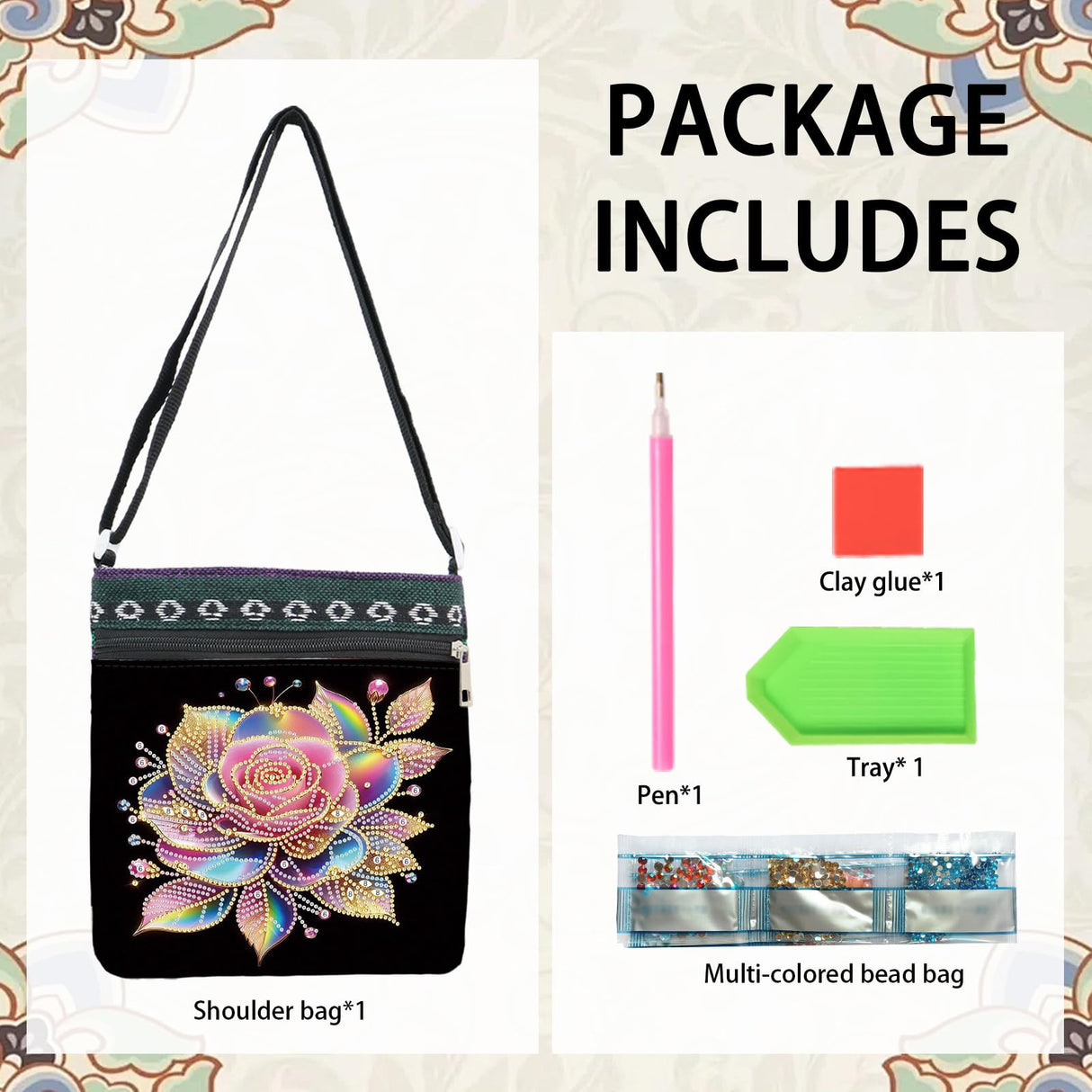 ARTopet DIY Diamond Art Painting Canvas Crossbody Bag Black Ethnic Minority Shoulder Purses Beach Bag Special Shaped Crystal by Numbers Mosaic Kits for Women Travel-Colorful Rose ARTopet