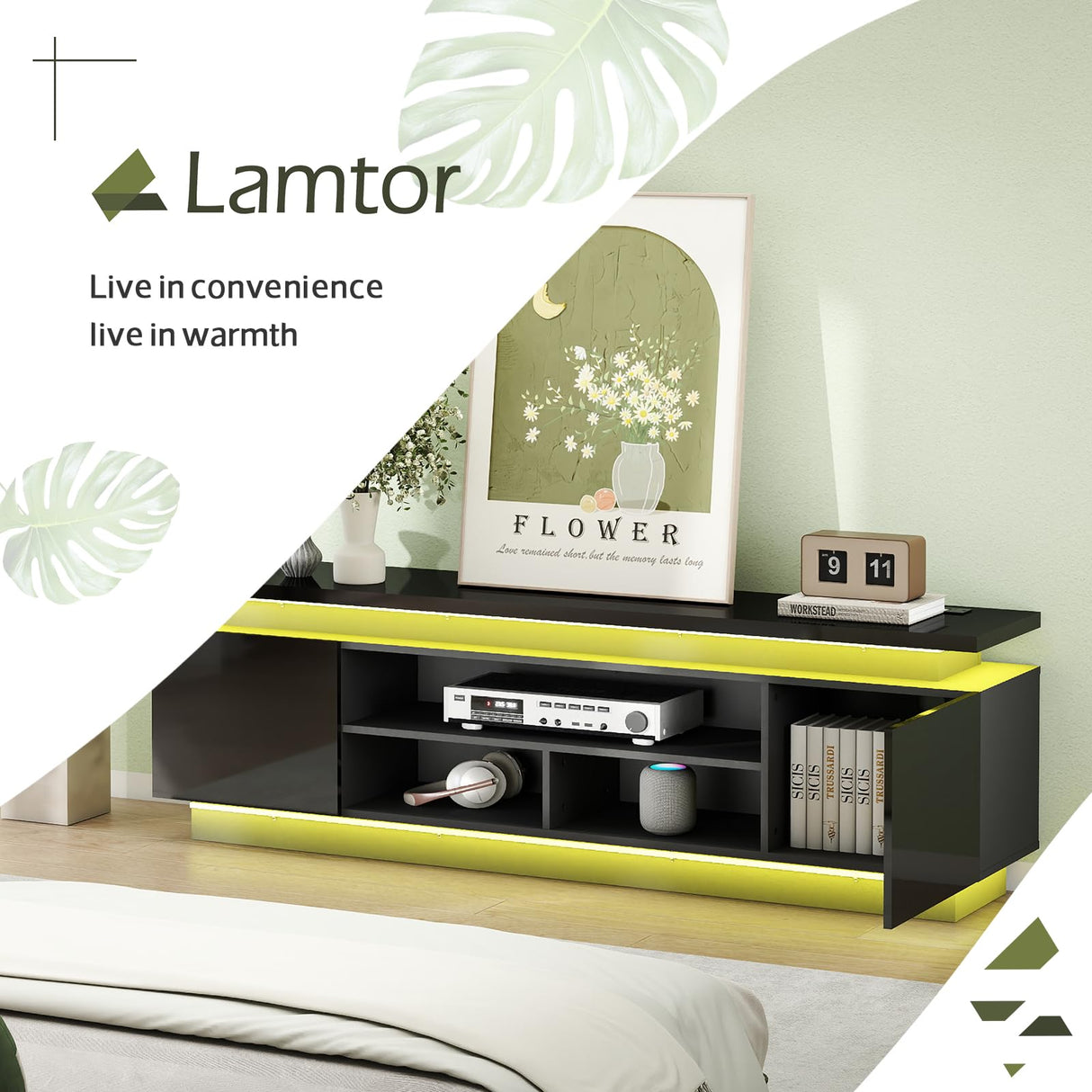 Lamtor 70 Inch TV-Stand - Television Stands for 75 80 85 Inch TV - 2 Tier Entertainment Center with 4 AC Outlets & 2 Smart RGB LED Light Strips - Media Console Table for Living Room, Pure Black Lamtor