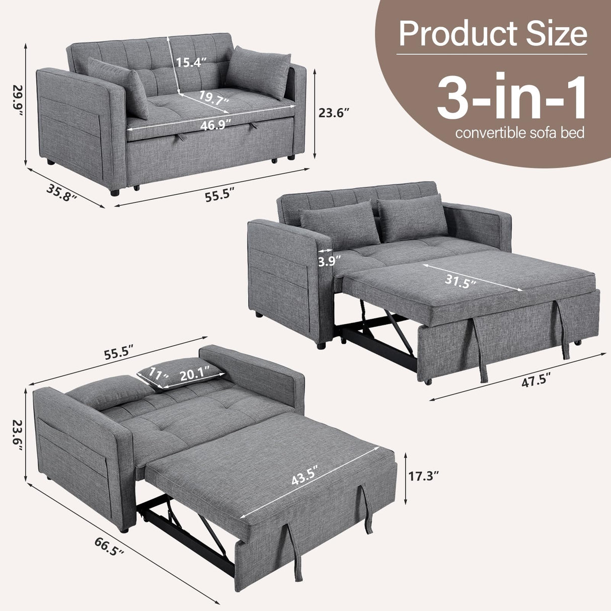 HAOMARKETS 3 in 1 Convertible Sleeper Sofa Bed, Loveseat Chaise Lounge with Pullout Bed, 2-Seater Futon Couches with Storage Pockets, 3-Level Adjustable Backrest and Pillows for Living Room,Grey HAOMARKETS
