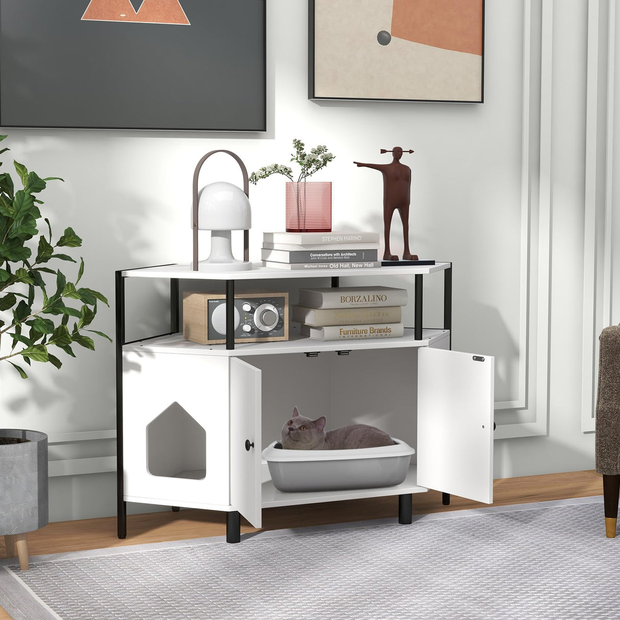 PETSITE Corner Cat Litter Box Enclosure, Litter Box Corner Cabinet with 2 Entrances, Open Shelf, and Double Doors, Industrial/Modern Style Hidden Litter Box Furniture for Cat Kitty (White) PETSITE