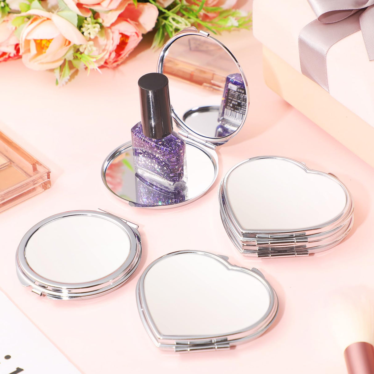 Jetec 6 Pcs Sublimation Blanks Products Small Compact Mirror Bulk Heat Transfer Folding Pocket Makeup Mirror Heart Round Double Sided Handheld Mirror Sublimation Mirror for Women Gift Purse Travel Jetec