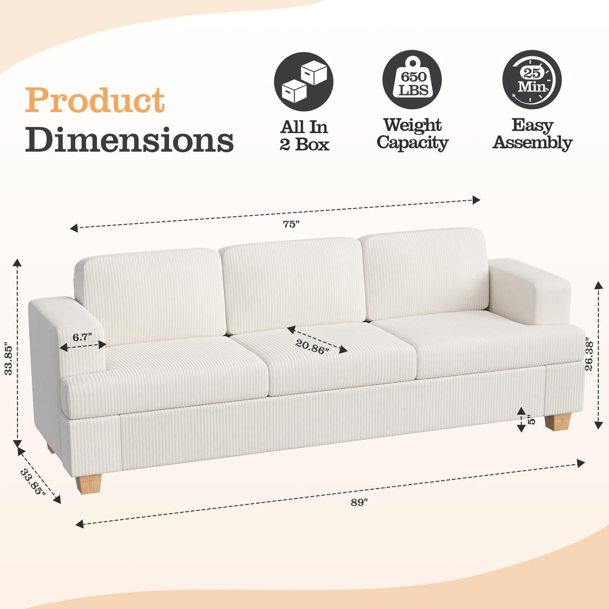 Apicizon 89'' 3-Seat Sofa Couch with Loveseat, 2 Piece Comfy Sofa Sets for Living Room, Modern Lounge Sofa Sleeper Couch for Apartment with Deep Seat, Living Room Set White Corduroy Apicizon