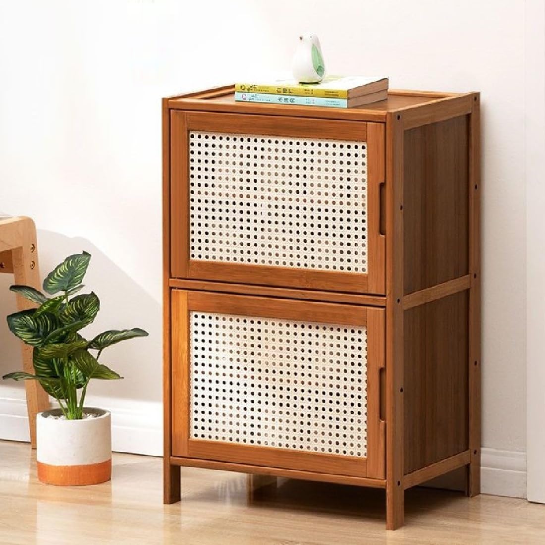 TrueyEssence 2-Tier Bamboo Nightstand with Rattan Decor Doors, Modern Bedside Table End Table Multipurpose Storage Cabinet for Bedroom Living Room Dark Brown TrueyEssence