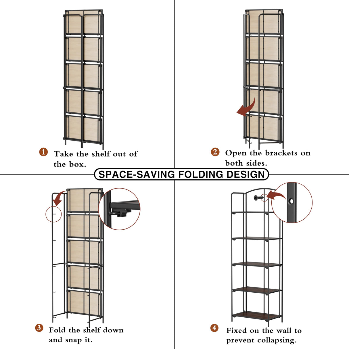Crofy No Assembly Folding Bookshelf for Living Room, 5 Tier Black Collapsible Book Shelf for Home Office, Portable Bookcase Storage Organizer Crofy