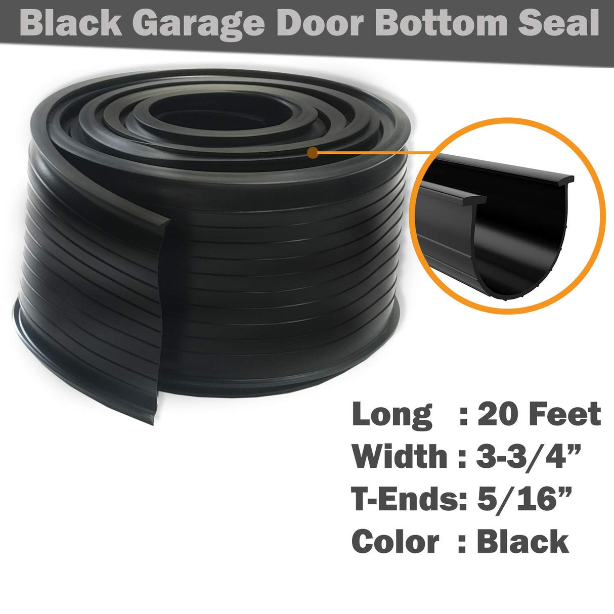 Garage Door Bottom Weather Seal T-Ends 20' Long, Black Strip with T-Ends size 5/16 to 1/4" | Garage Rubber Seal Replacement T-Style Match Amarr/Clopay (2.75"-3" Width Flat) HOOIMA