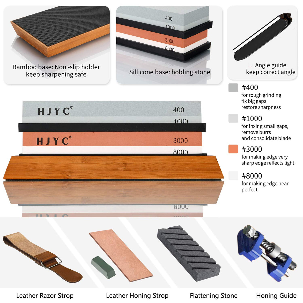 Knife Sharpening Stone Set,4 Side Grit 400/1000 3000/8000 Water Stone,Whetstone Kit with Non-slip Bamboo Base,Flattening Stone,Angle Guide,Leather Strop,Polishing Compound and Honing Guide. HJYC