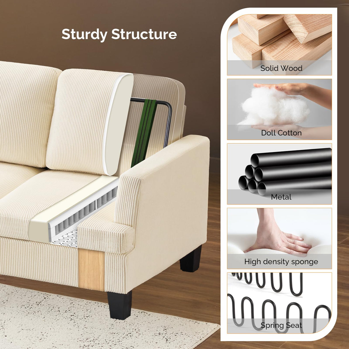 VINGLI Beige 83" Sofa Couches for Living Room, Corduroy Modern Comfy 3 Seater Couch 25.6" Deep Seat Upholstery Cozy Sofas for Small Space, Bedroom, Apartment, Home Office VINGLI