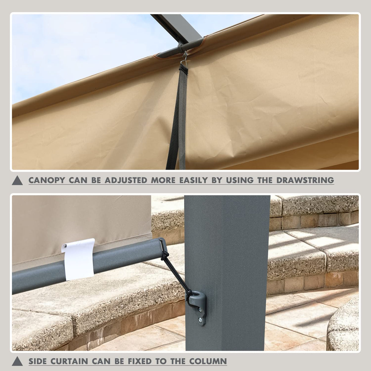 BPS 16 x 12 FT Outdoor Pergola with Retractable Shade Canopy, Dark Gray Matte Aluminum Frame, 2 Pieces Roller Shade Curtain, Grape Trellis Pergola for Patio Backyard and Deck - Khaki BPS