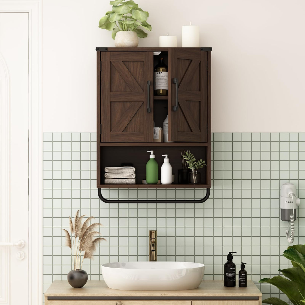 RUSTOWN Farmhouse Wall Storage Cabinet with Two Barn Door, Rustic Mounted Medicine Cabinet with Adjustable Shelf and Towel Bar, 3-Tier Wood Cabinet for Kitchen, Bathroom, Living Room (Dark Walnut) RUSTOWN