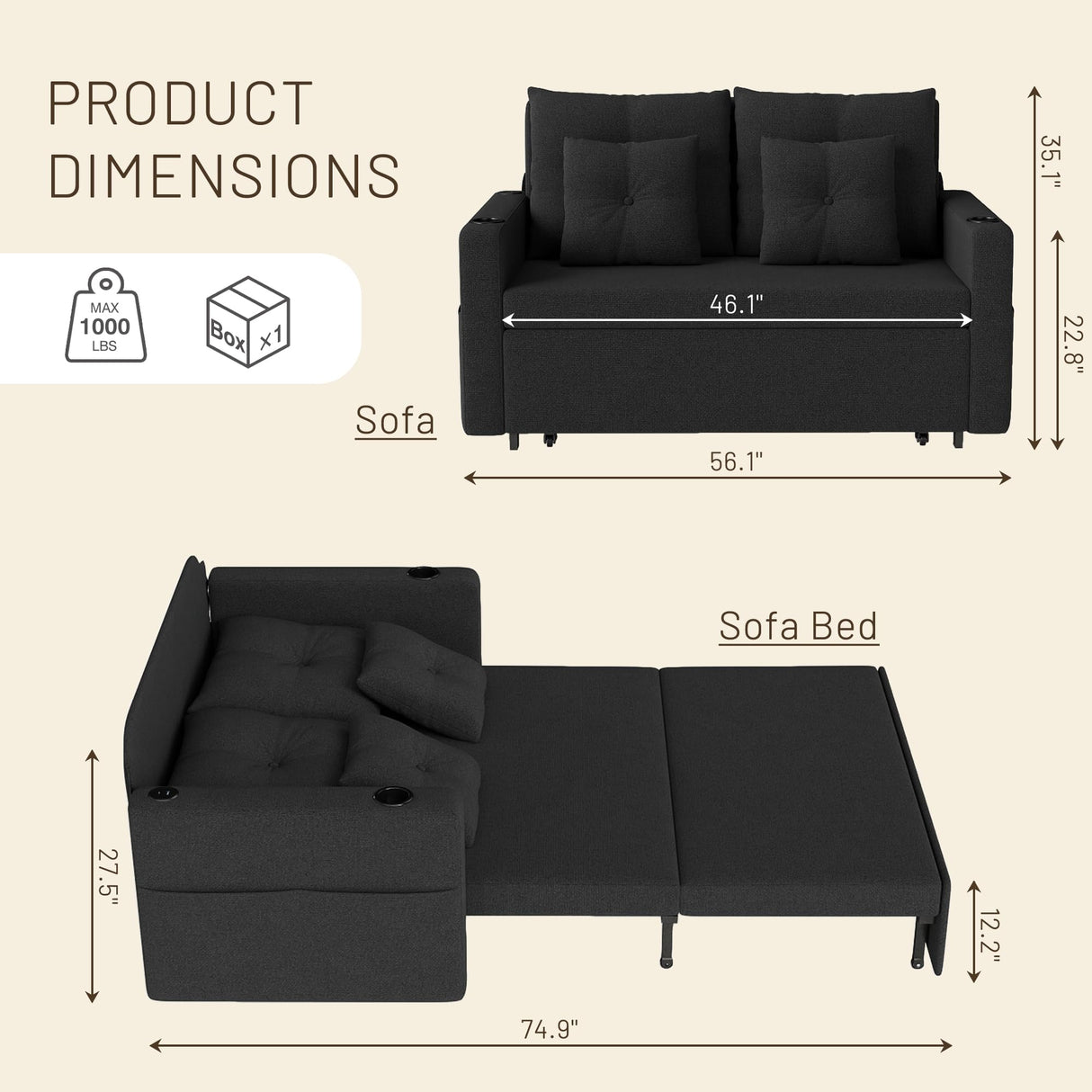 Krcix 3 in 1 Sofa Bed, 56 Inch Convertible Pull Out Couch, Loveseat Sleeper Sofa with Cup Holders, USB, Couch Bed for Living Room, Bedroom, Apartment, Black Krcix