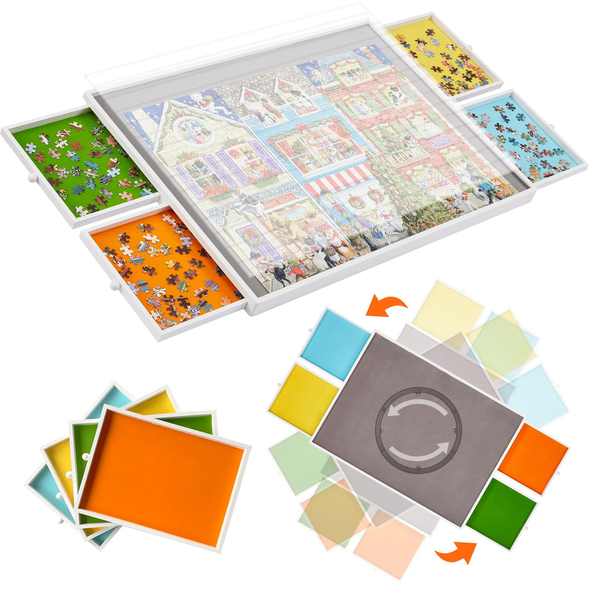 1000 Piece Rotating Jigsaw Puzzle Board with Color-Coded Drawers and Cover, Smooth Wooden Lazy Susan Spinning Puzzle Table, 30'' x 22'' Swivel Puzzle Plateau for Adults and Children, Velvet-Lined XIJ