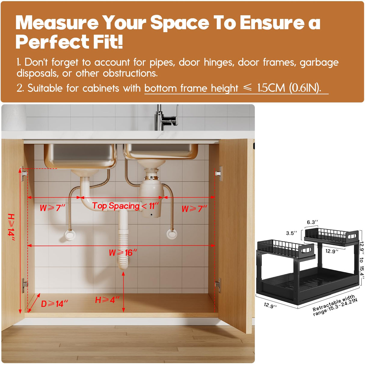 1 Pack Expandable Under Sink Organizers And Storage With Upgrade Ball-Bearing Slide Tracks,2-Tier Pull Out Under Cabinet Organizer Height Adjustable,Slide Out Under Sink Drawers-Black(Patent Pending) Biboraya
