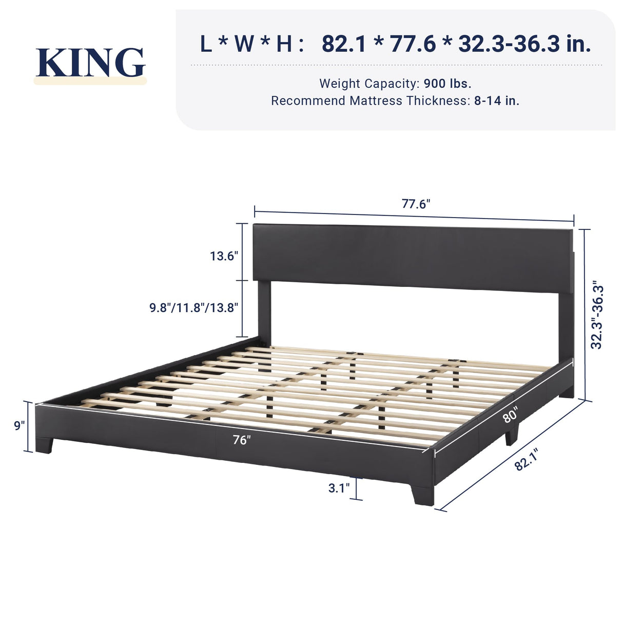Allewie King Size Bed Frame with Adjustable Headboard, Faux Leather Platform Bed with Wood Slats, Heavy Duty Mattress Foundation, No Box Spring Needed, Noise-Free, Easy Assembly, Black Allewie