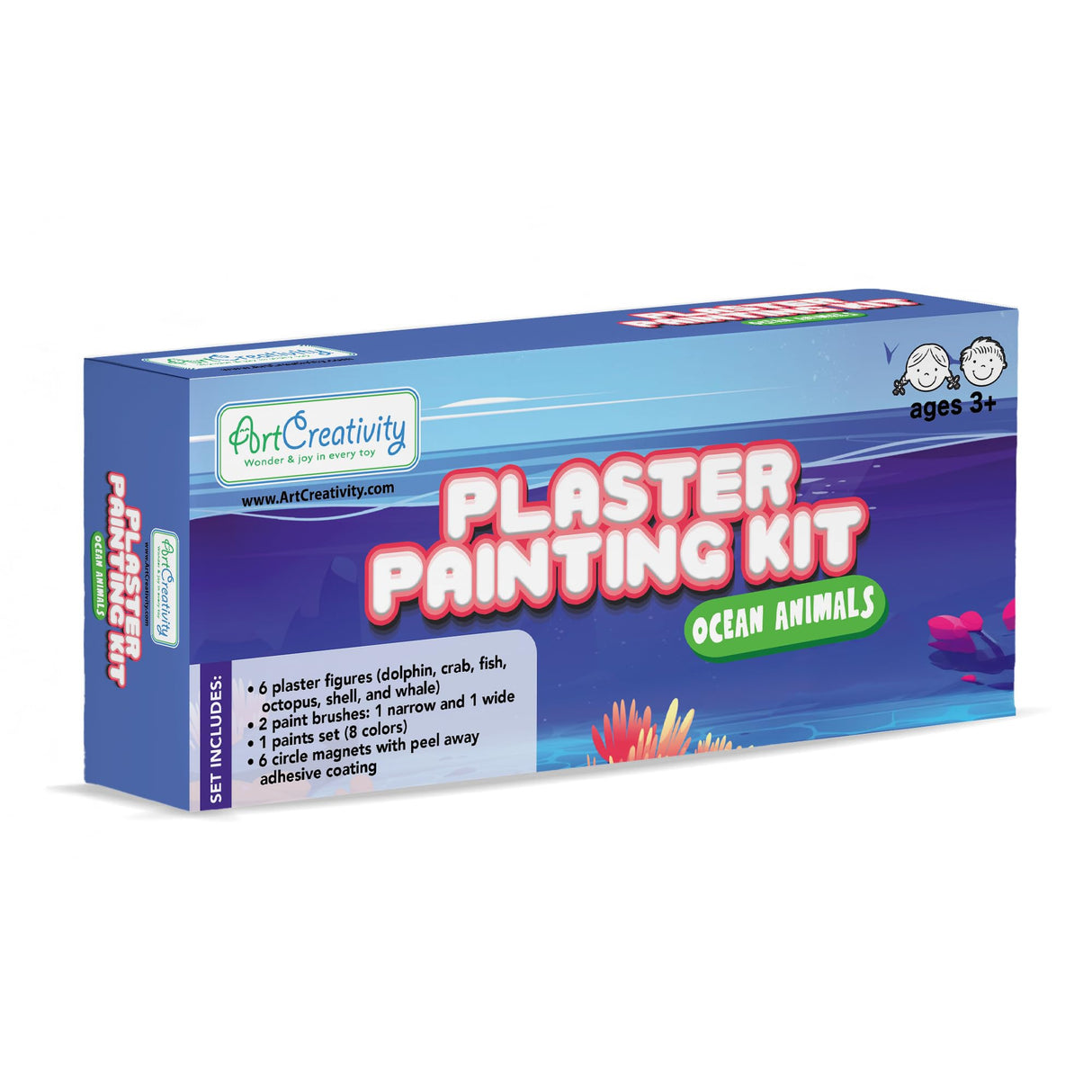 ArtCreativity Ocean Animals Plaster Painting Kit for Kids - 6 Aquatic Plaster Figurines, 2 Paint Sets, 2 Brushes, and 6 Circle Magnets for Display - 8 Different Paint Colors - Kids Painting Set ArtCreativity