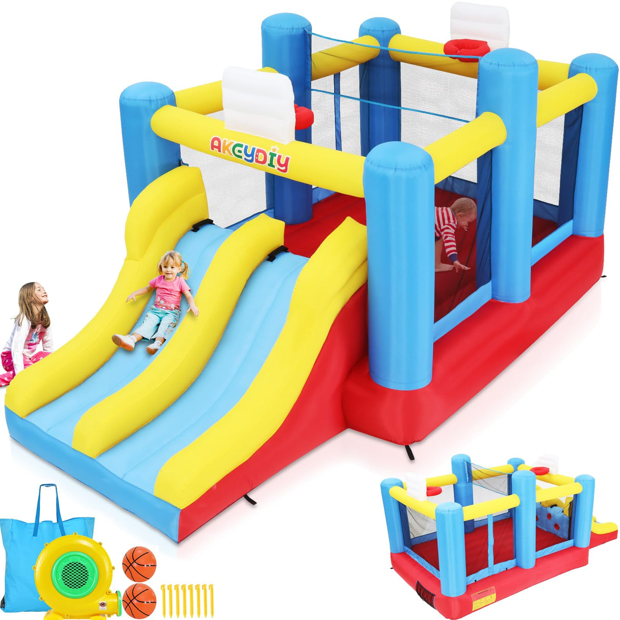 Big Bounce House for Kids 8-12 Girls/Boys Gifts, 15ft Ball Game Inflatables Bouncy House with Double Slide 3-12 Bouncy Castle with Blower, Jump House with Slide, Double Basketball Hoop AKEYDIY