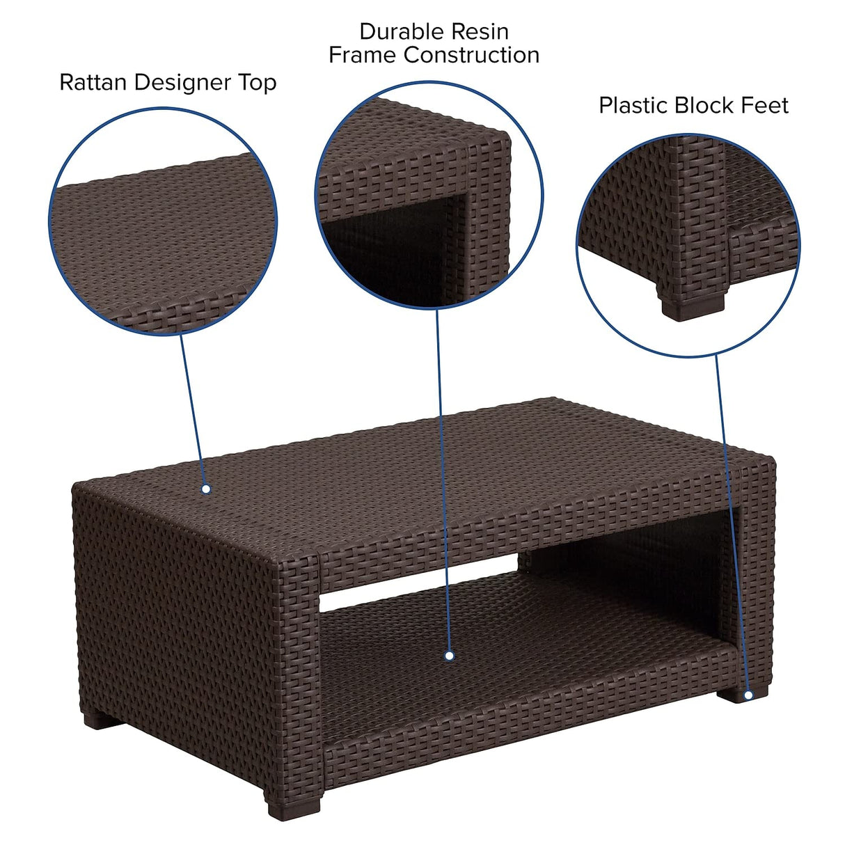 Flash Furniture Seneca Indoor/Outdoor Chocolate Brown Faux Rattan Coffee Table with Open Storage Flash Furniture