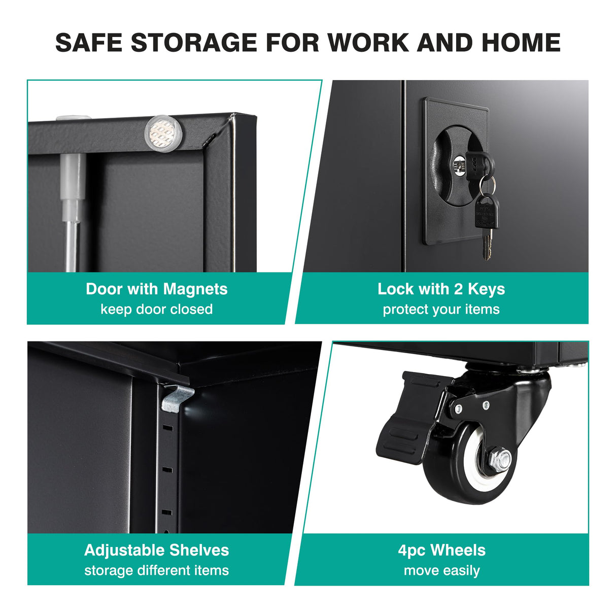 SISESOL Metal Storage Cabinet with Wheels,Rolling Garage Storage Cabinet with Lock,Black Metal Cabinet with Wheels and Shelves,Tool Cabinet,Tall Storage Cabinet on Wheels for Garage,Home,Office,Shop SISESOL