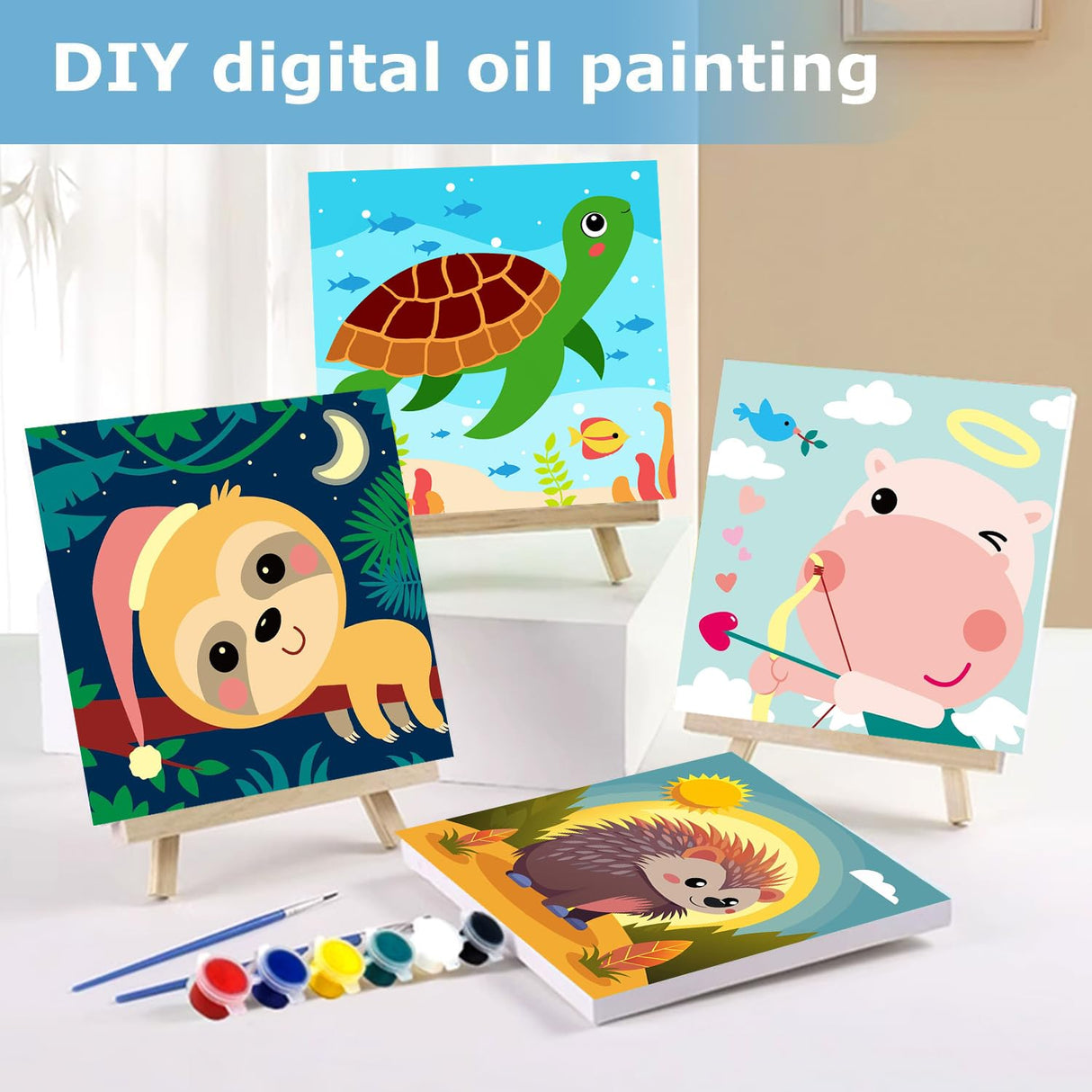 mrpwnle Framed 4 Pack Paint by Number for Kids, Paint by Numbers for Kids Ages 8-12, Painting by Numbers Kits Children Beginner, DIY Animals Acrylic Oil Painting Kits for Home Wall Decor 8x8inch mrpwnle