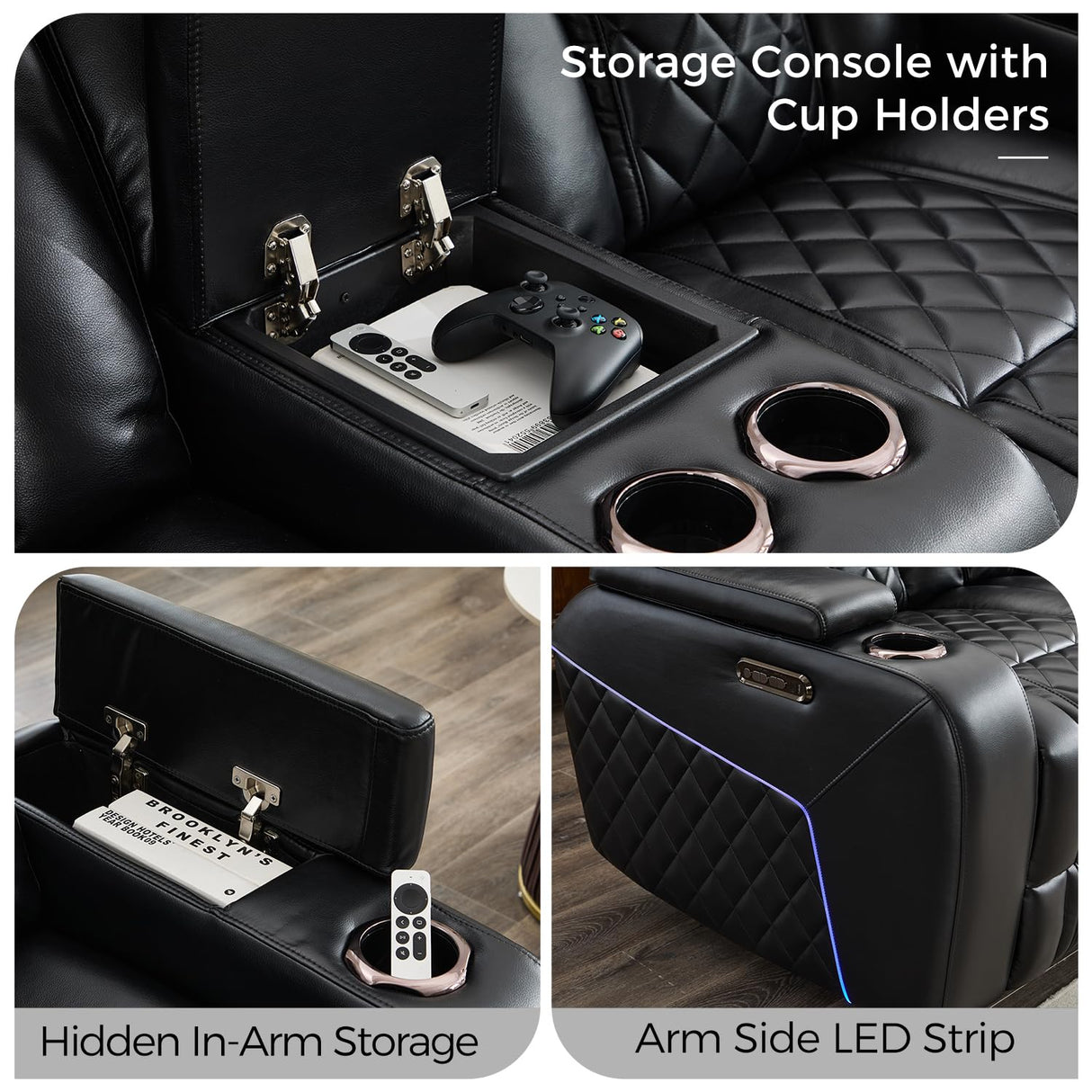 Power Recliner Sofa Set of 3 Pieces with Adjustable Headrest, Wireless Charger for Living Room, Electric Reclining Couch, Faux Leather 3 Seaters and Loveseat and Theater Chair with LED Lights, Black Comfort Stretch