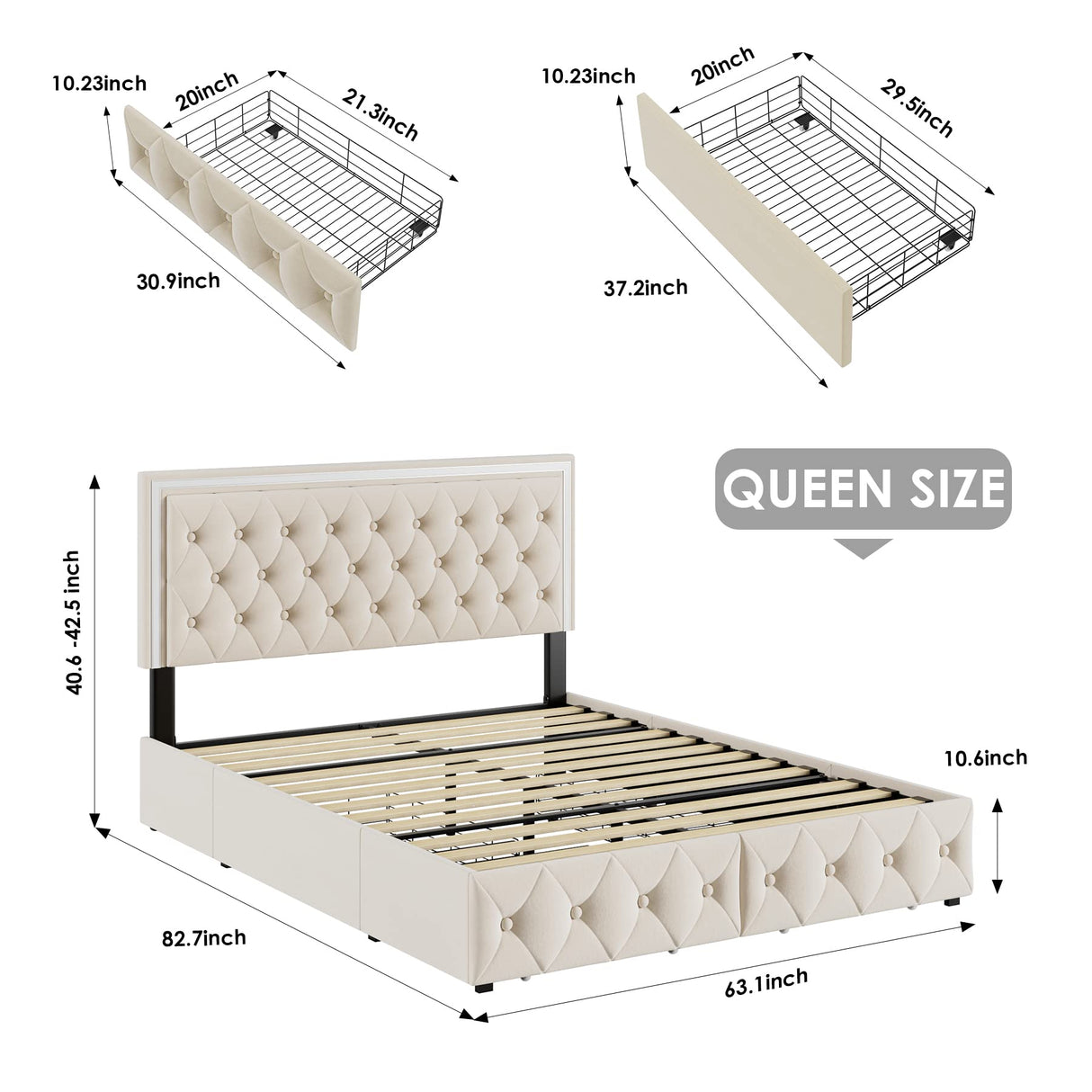 Keyluv Queen Upholstered LED Bed Frame with 4 Drawers, Velvet Platform Storage Bed with Adjustable Button Tufted Headboard and Solid Wooden Slats Support, No Box Spring Needed, Beige Keyluv