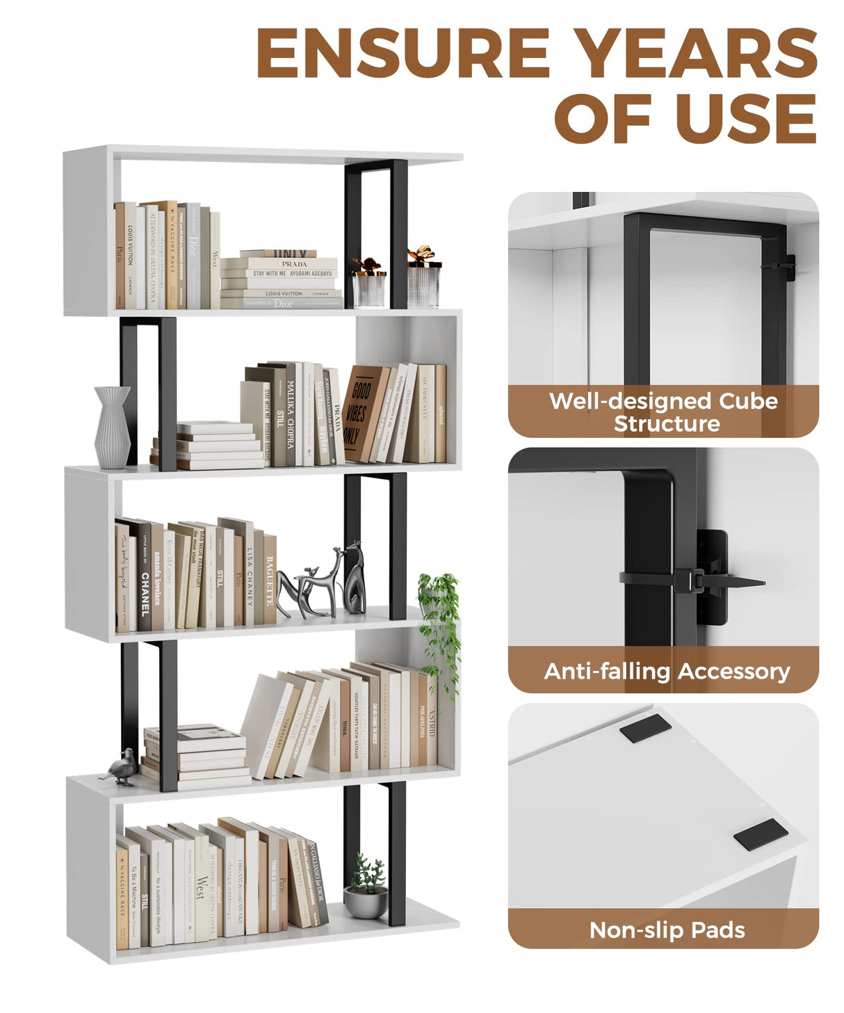 Gadroad 5 Tier Geometric Bookcase,S Shaped Bookshelf, Wood Decorative Storage Shelving, Modern Freestanding Display Shelves, Tall Book Shelf Unit for Living Room Bedroom, White Gadroad