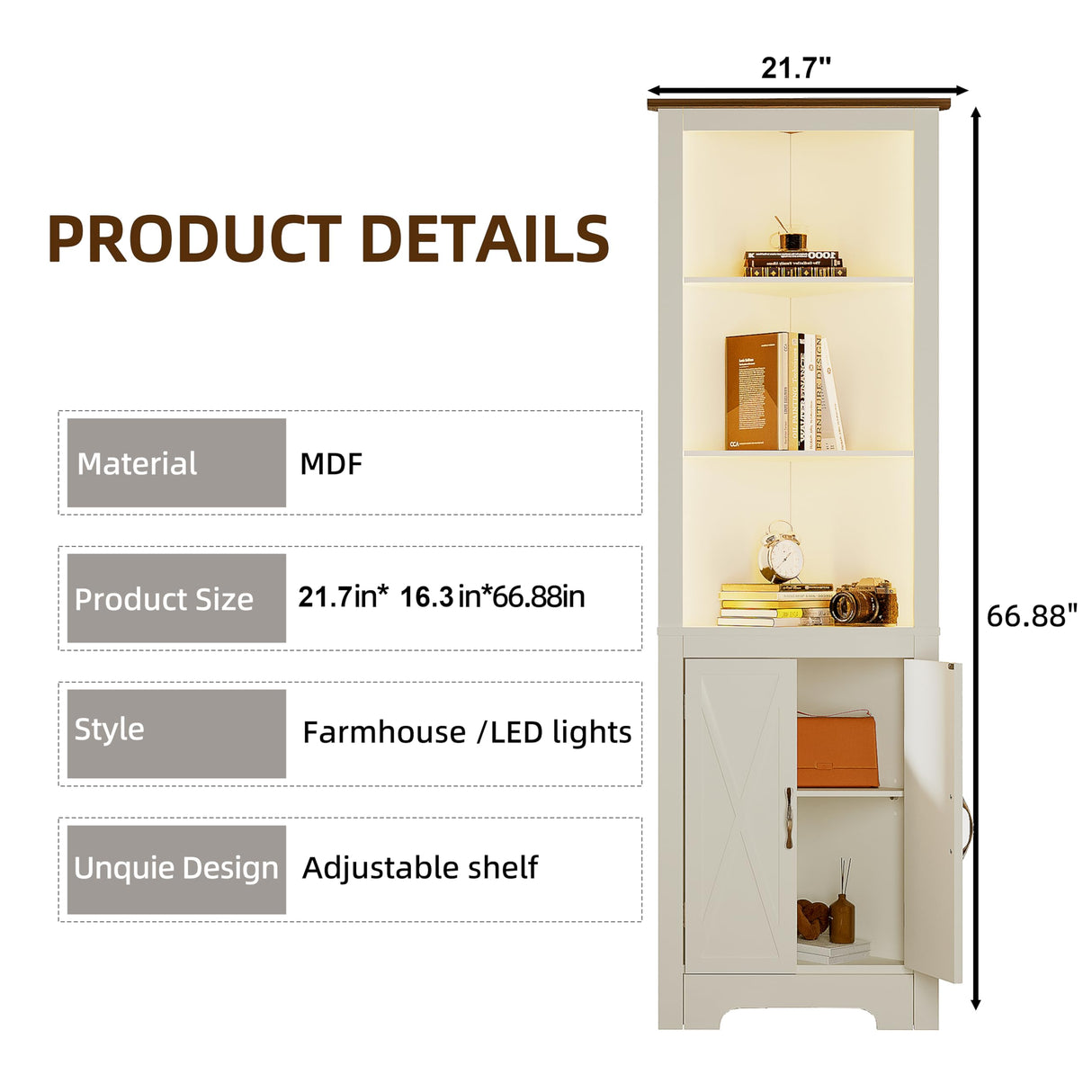 ChooChoo Farmhouse Corner Storage Cabinet with LED Lights, 5-Tier Corner Bookshelf Stand with Barn Doors, 66.9" Gothic Corner Display Cabinet with Adjustable Shelf for Living Room, Farmhouse White ChooChoo