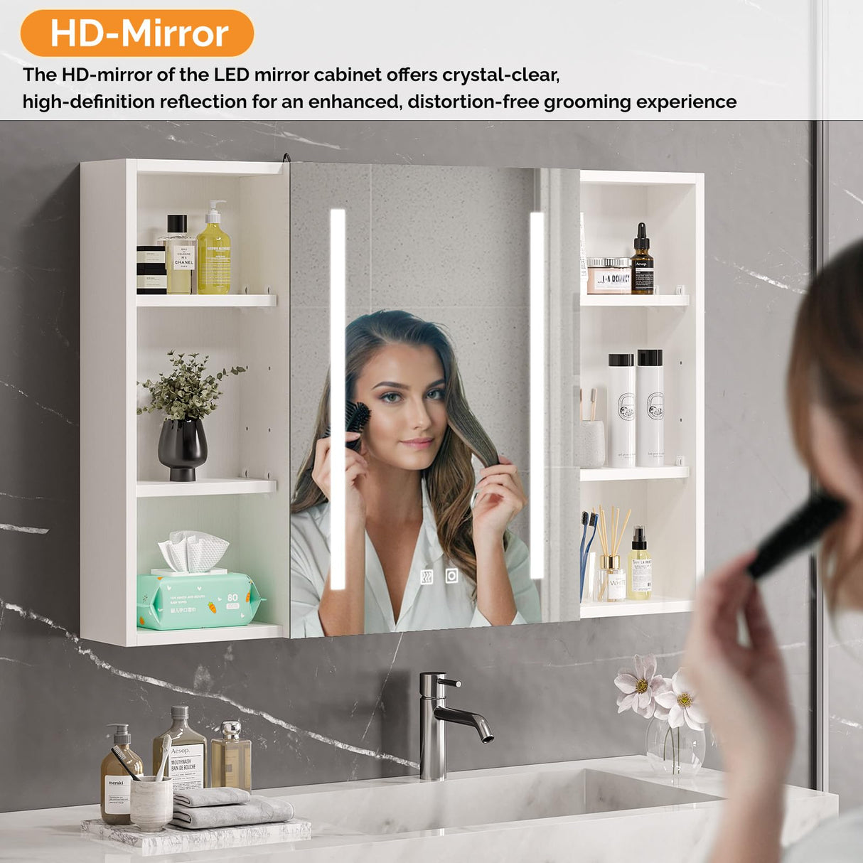 VINGLI 36Inch Medicine Cabinet with Lights, Lighted Medicine Cabinet with Mirror, Bathroom Vanity Mirror with Storage,Wall Mounted Anti-Fog Dimmable Light and Color Adjustment,5.9" D x 36" W x 24" H VINGLI