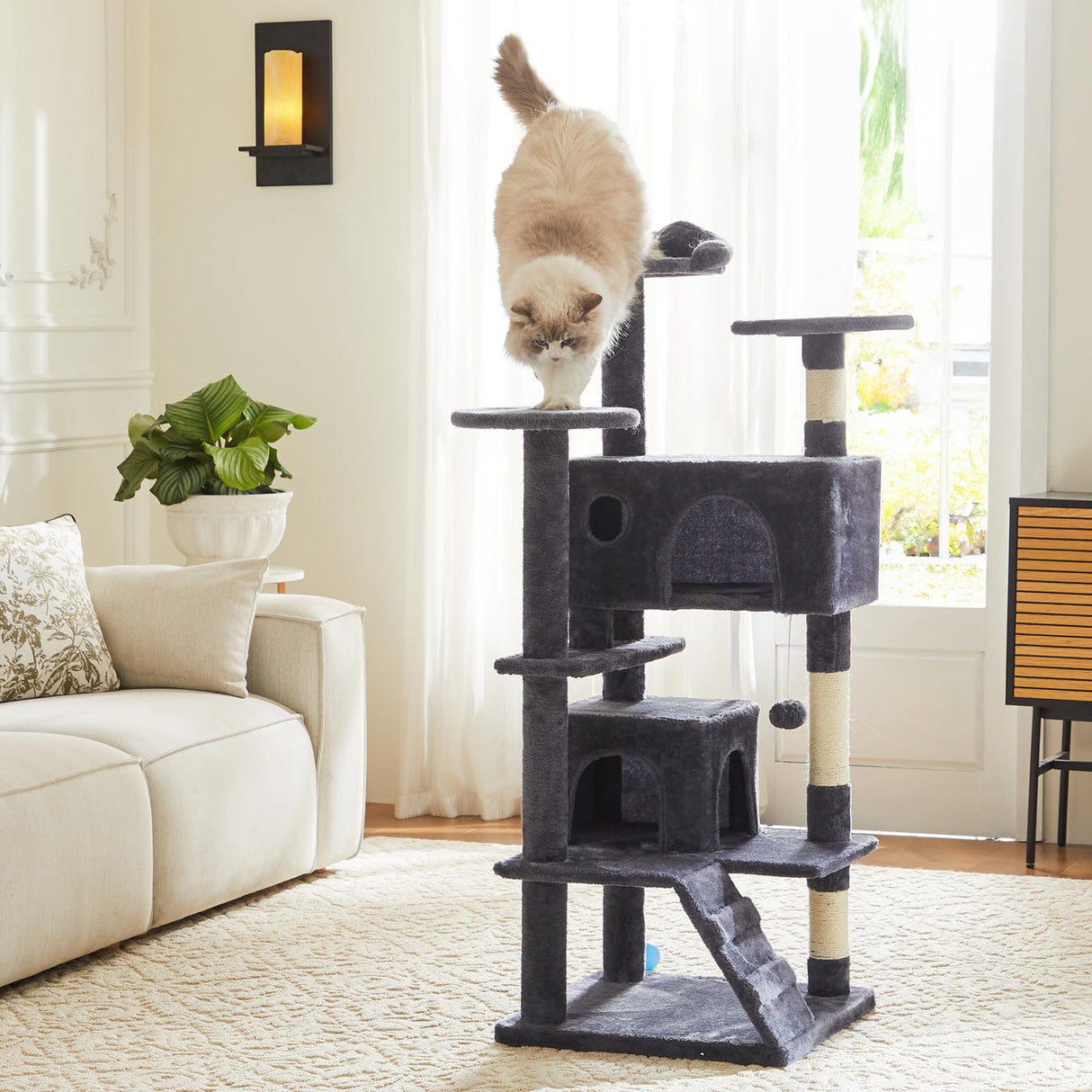 Sweetcrispy 54-Inch Cat Tree Tower – Multi-Level with Sisal Scratching Post, Perfect Pet Gift, Indoor Condo with Climbing Ladder, Plush Toy, and More Animal Stuff, Grey Sweetcrispy