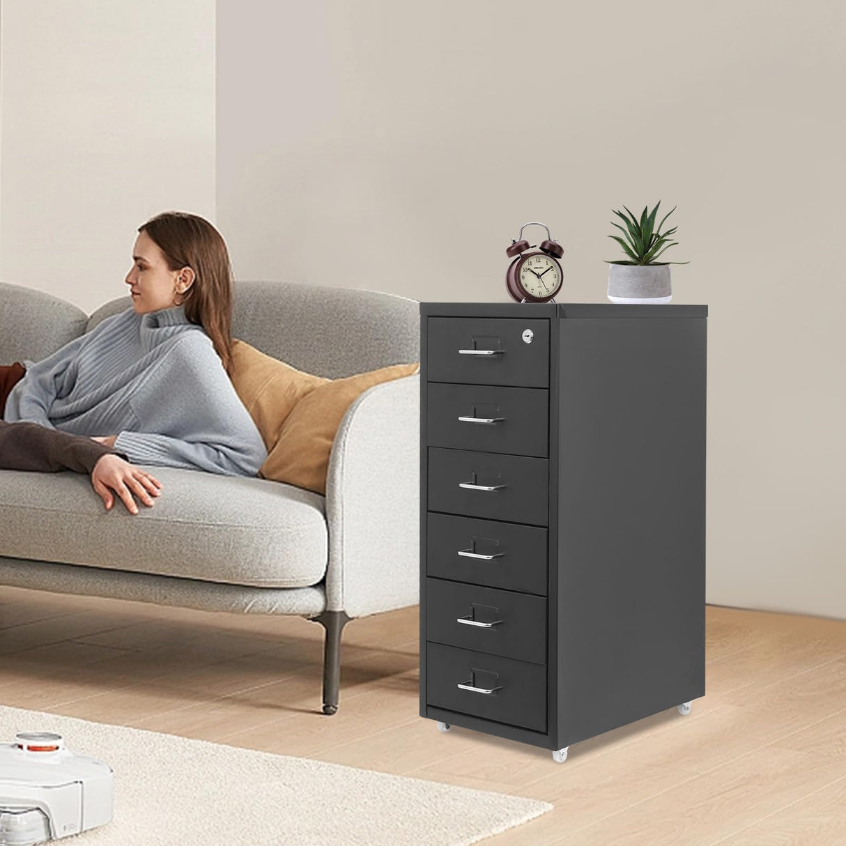 KJNHhugH 6 Drawers File Cabinet with Lock & Wheels, Mobile Metal Filing Cabinet Vertical File Cabinet Under Desk Filing Cabinets for Home Office fits Legal/Letter/A4 Size, 11x16x27in (Black) KJNHhugH