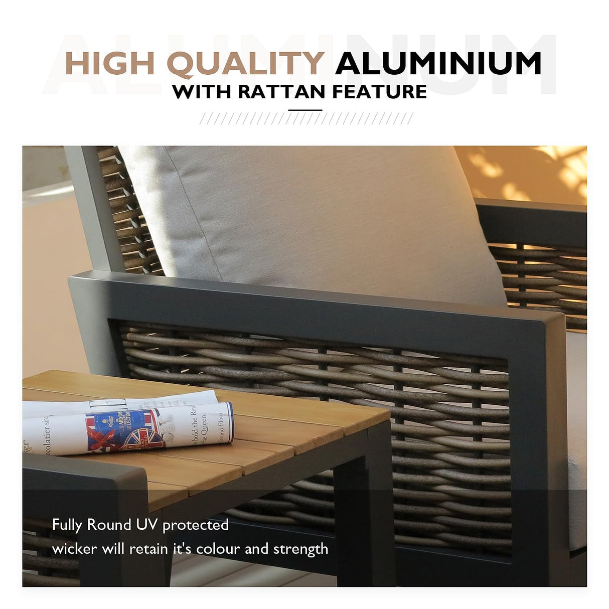 Yoneesn Courtyard Patio Furniture Set, 3-Piece Outdoor Bistro Set, Removable & Washable Deep Seating Cushion, Aluminum Patio Lounge Conversation Set Solid Wood Armrest & Table, Black & Beige Yoneesn