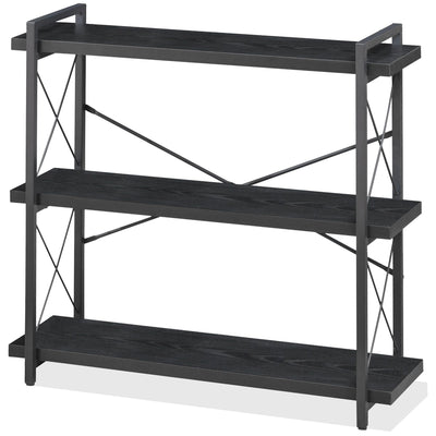 HCHQHS Bookshelf, 3-Tier Industrial Bookcase, Black Open Book Shelf, Freestanding Horizontal Bookshelves with Metal Frame