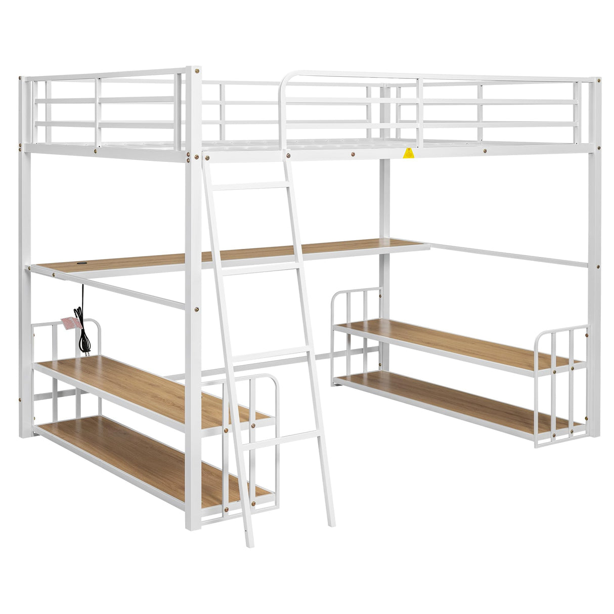 Ziraukon Full Size Metal Loft Bed with Desk and Storage, Heavy Duty Metal Loft Bed with Storage Shelves and Charging Station, Safety Guardrail, Ladder, Space Saving, White Ziraukon