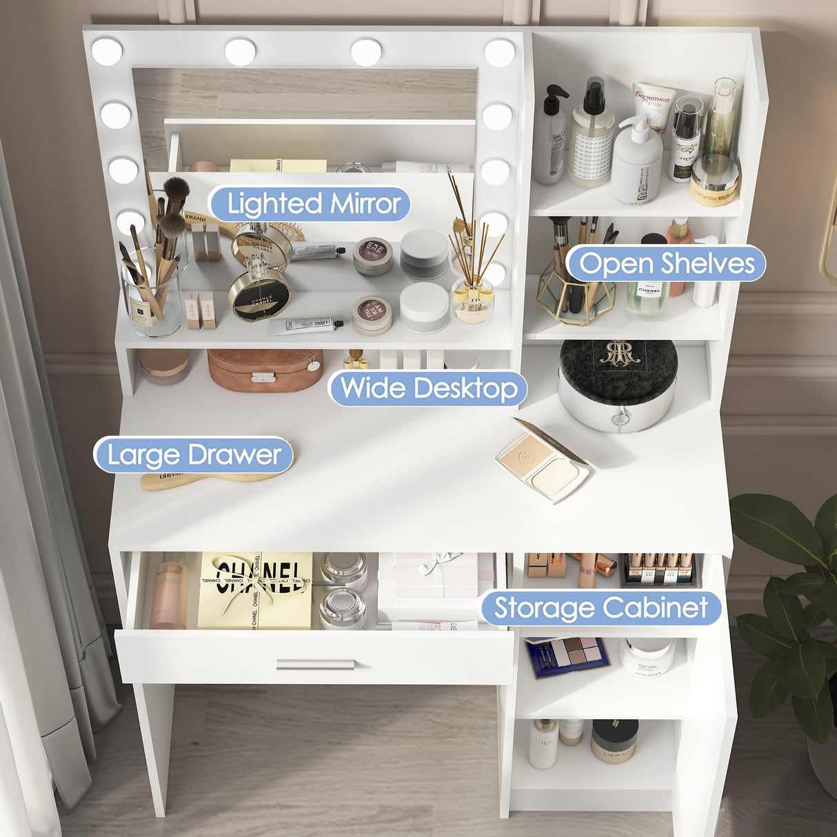 Palimder Vanity Desk with Mirror & Light, Large Drawer & Three Level Storage Dresser, 3 Lighting Modes Adjustable Brightness, Bedroom Dressing Table (White) Palimder
