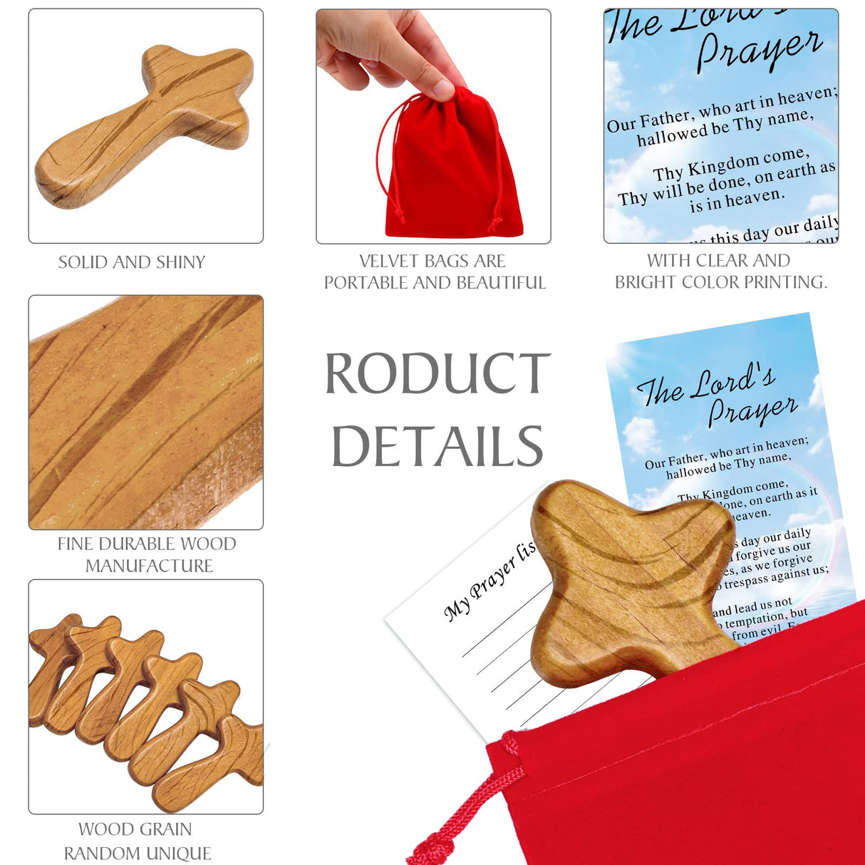 WILLBOND 12 Set Small Wooden Comfort Easter Pocket Crosses Hand Held with Red Velvet Pocket and Certificates 4 Inches Portable Holding Wooden Jesus Cross Gift for Prayer Men Christian Gift WILLBOND
