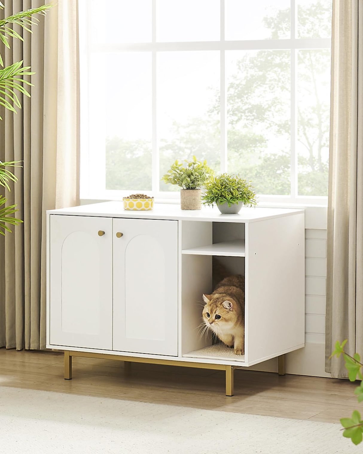 Hzuaneri Cat Litter Box Enclosure, Hidden Litter Box Furniture, Wooden Pet House Side End Table, Storage Cabinet Bench for Living Room, Bedroom, 31.5 x 19.7 x 23.9 inches, White and Gold 01503GCLB Hzuaneri