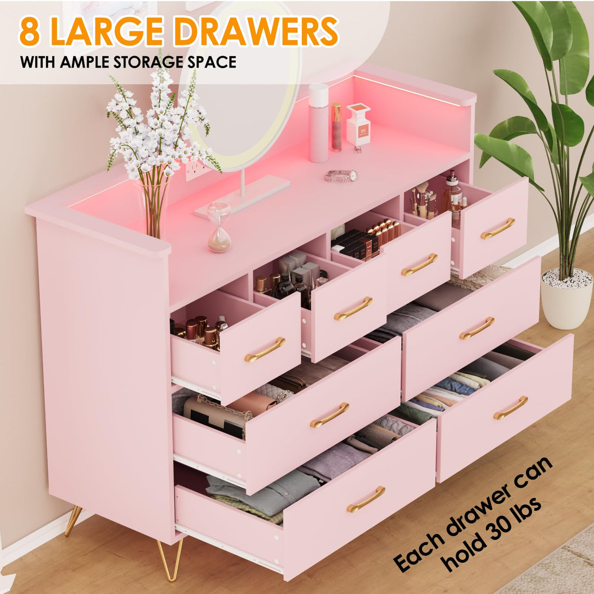 Pink Dresser with Power Outlet and LED Lights, Wood 8 Drawer Dresser for Bedroom, Modern Chest of Drawers with Gold Handles and Open Storage Space for Closet, Living Room, Entryway HarmoHaby