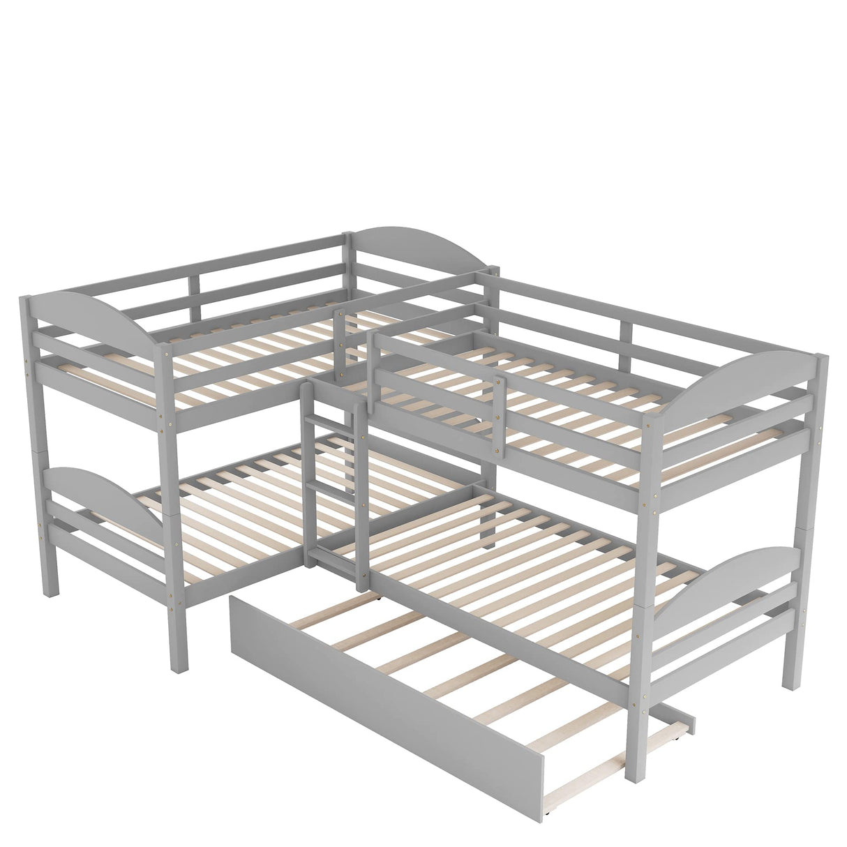 Quad Bunk Bed with Trundle,Twin-Over-Twin L Shape Bunk Bed Frame with Built in Ladder and Guardrail,Wood Bunk Bed Corner BunkBed for Accommodating 5,Family Bedroom Dorm,No Box Spring Needed,Gray TRIPLE TREE
