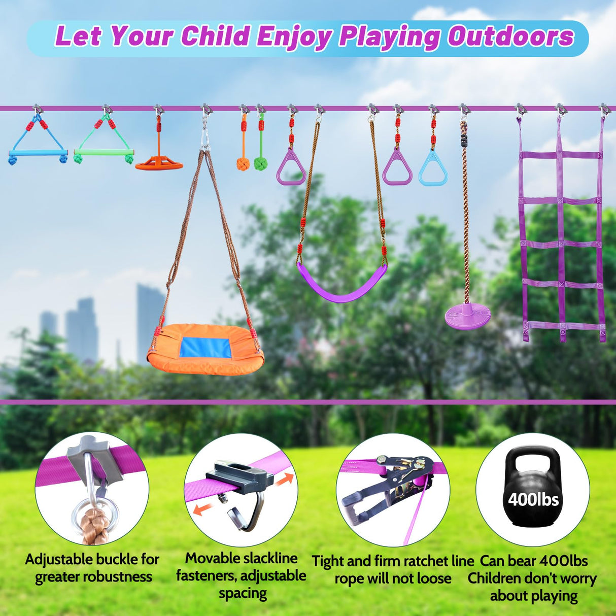 AOBOTE Ninja Warrior Obstacle Course for Kids,2x56ft Slackline with 12 Accessories,Saucer Swing with 360 Degree Rotating Wheel,Ninja Course for Kids Outside(AB010001-3) AOBOTE