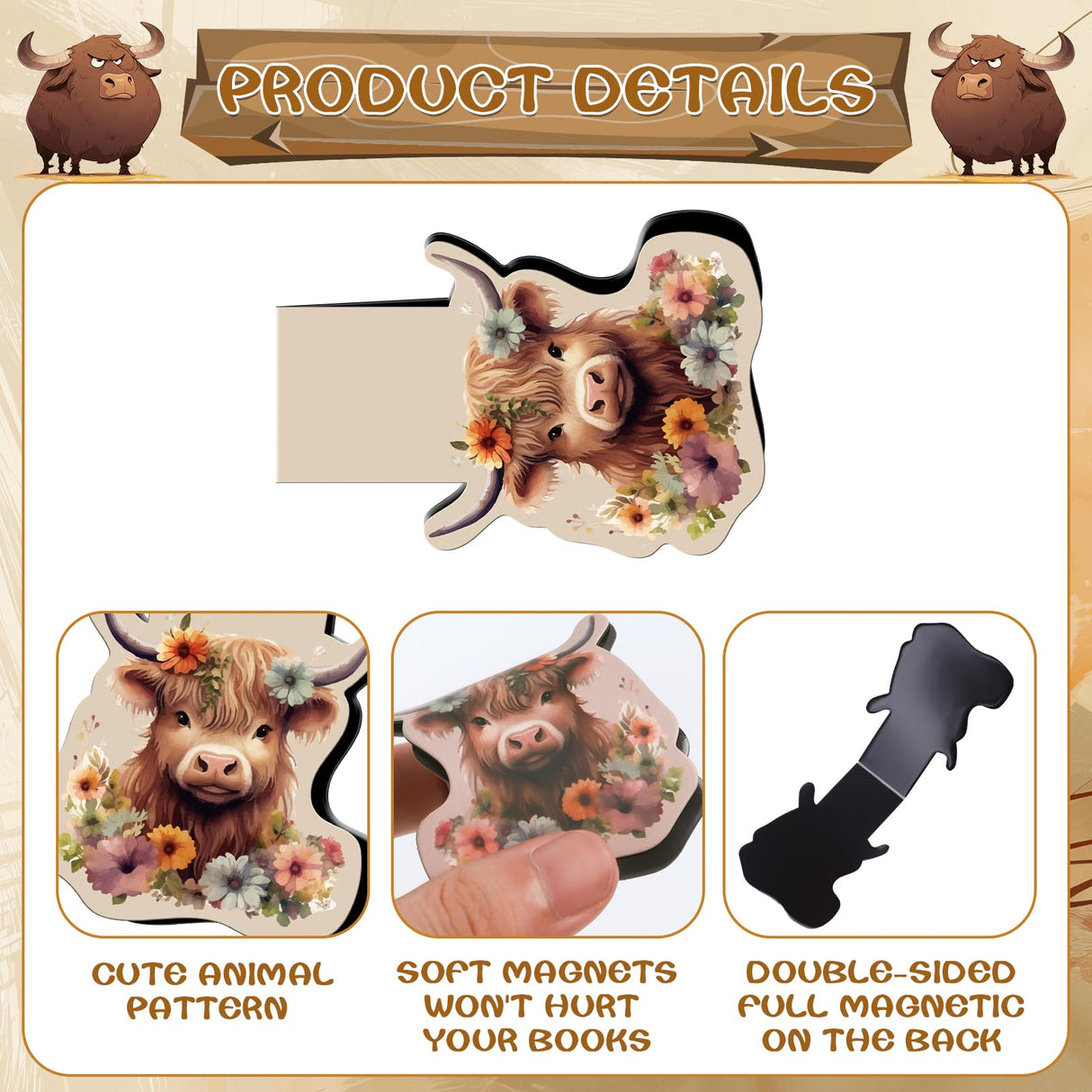 Wxiben Highland Cow Magnetic Bookmark - 12 Pcs Funny Animal Bookmarks Magnetic Floral Book Mark Magnets Cute Cow Magnets Bookmark Page Clip Gift for Book Lovers Students Teacher Reading Book Marks Wxiben