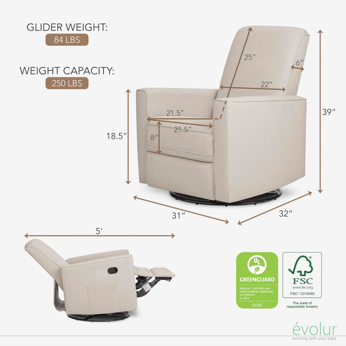 Evolur Raleigh Glider in Light Sand, Upholstered Plush Seating 360° Swivel Glider Rocking Chair, FSC Certified, Greenguard Gold & JPMA Certified Nursery Glider Recliner Evolur