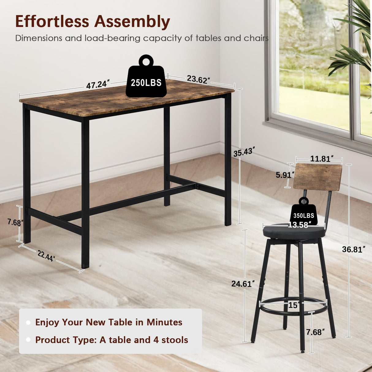 Tatub 5-Piece High Dining Table and Chairs Set for 4 - Brown Industrial Design Tatub