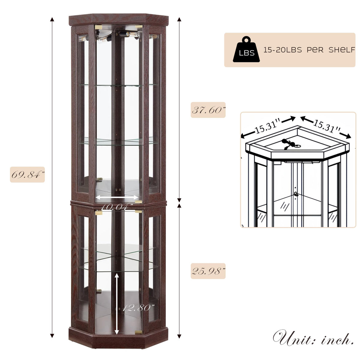 Eyisean 70" Lighted Glass Corner Curio Cabinet, Display Cabinet with Elegant Tempered Glass Door, China Cabinet with Light Bulb, Mirrored Back Panel, Rack for Living Room Storage(Dark Cherry) Eyisean