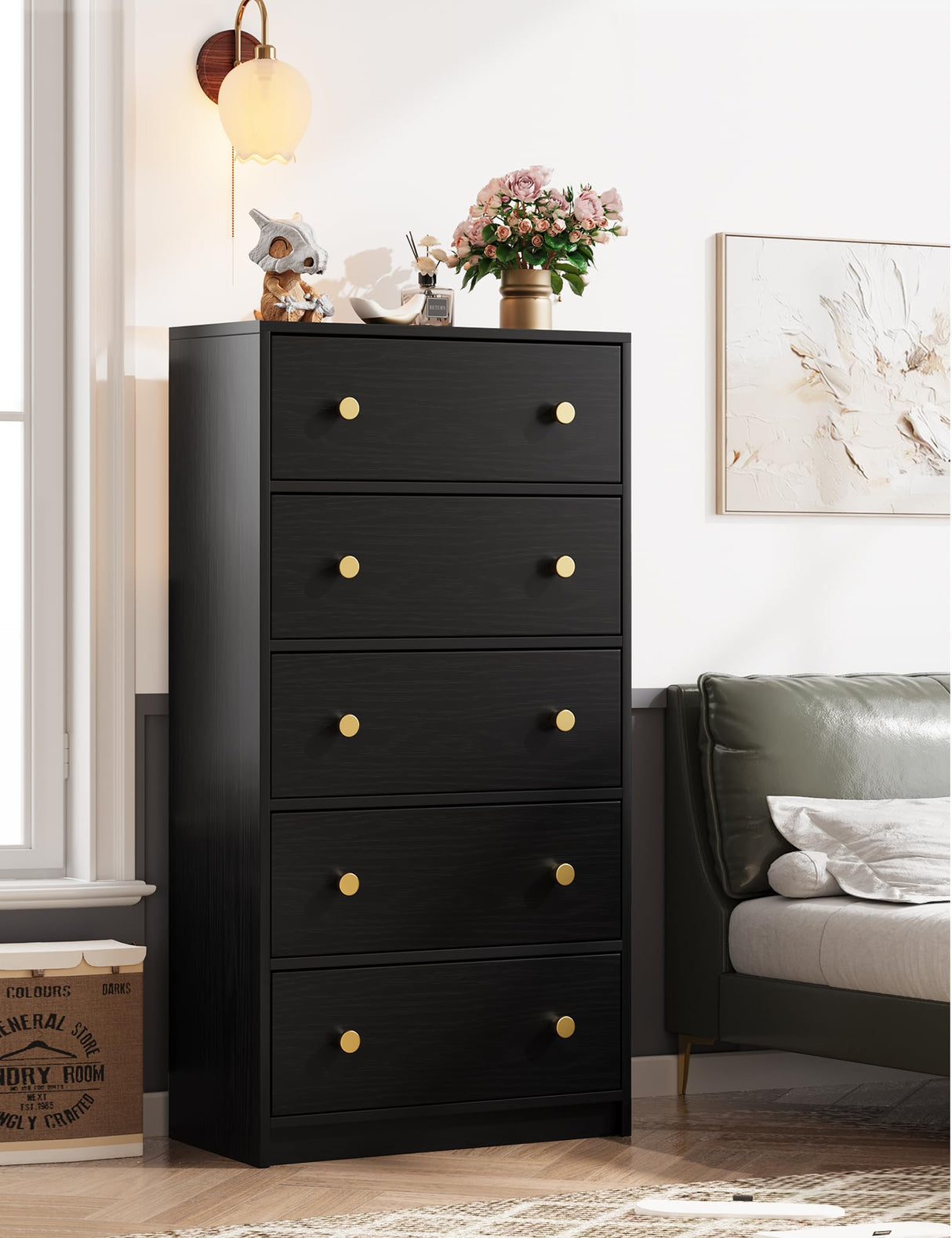 Nicehill Black Dresser for Bedroom with 5 Drawers, Fabric Dresser Storage Tower, Chest of Drawers for Closet, Living Room, Hallway, Entryway,Wood Dresser(Black) Nicehill