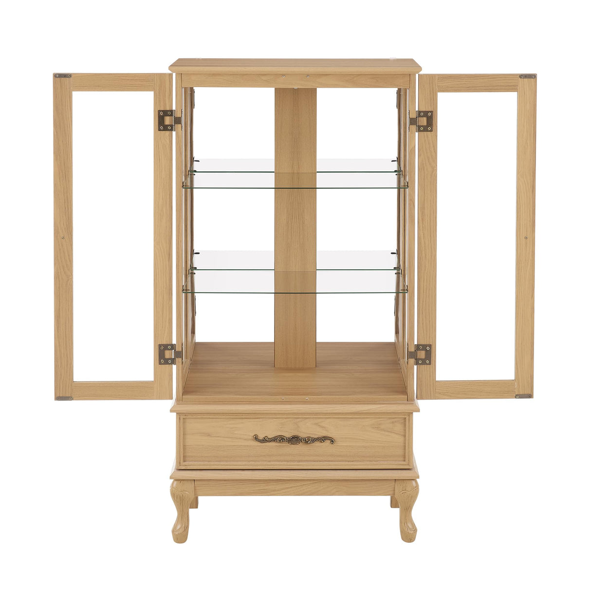Glass Display Cabinet with Doors and Drawer, Lighted Curio Display Cabinet with Adjustable Glass Shelves and Mirrored Back Panel, Retro Floor Standing Storage Cabinets for Living Room, Light Oak BAOMKONG