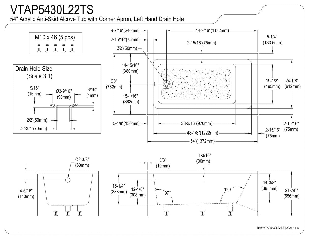Aqua Eden VTAP5430L22TS 54-Inch Acrylic 2-Wall Corner Alcove Tub with Left Hand Drain, White Kingston Brass
