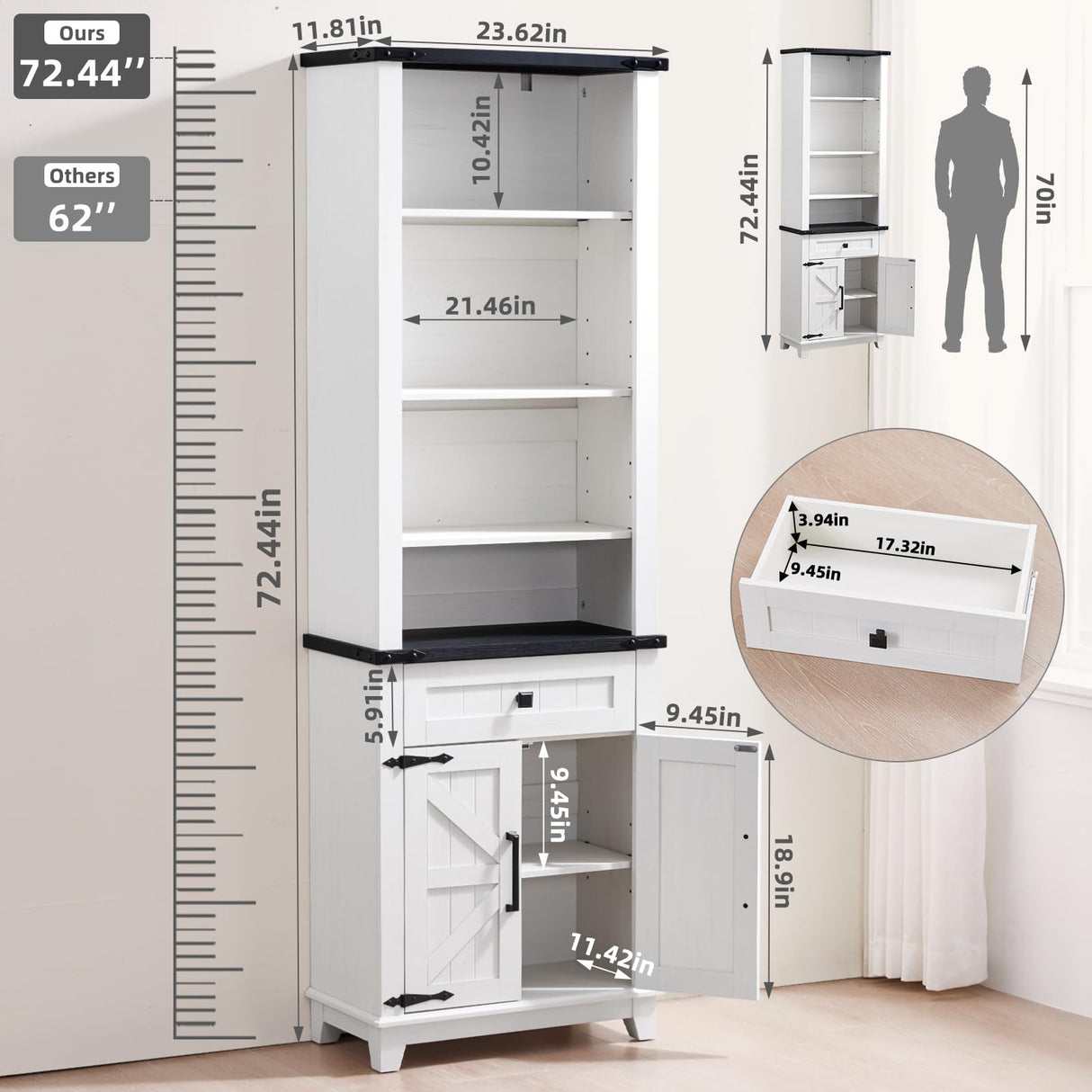 Joaxswe 72in Tall Bookshelf 7 Tier Bookcase with Drawer and Barn Doors and Adjustable Shelves, White Farmhouse Book Shelf with Storage Cabinet, Wood Freestanding Display Bookshelves for Kitchen (2PCS) Joaxswe