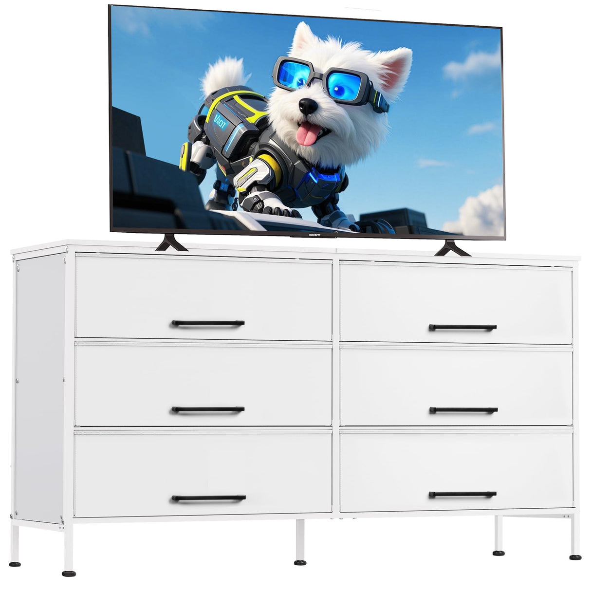 WLIVE White TV Stand for 60, 65, 70 inch TV, Large Entertainment Center with 6 Fabric Drawer, TV Media Console Table with Wood Top, Adjustable Feet for Living Room, WLIVE